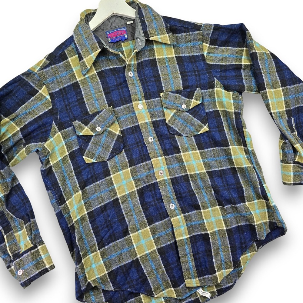 Ponderosa Men Large Blue Olive Plaid Wool Blend Flannel Button Up Shirt Vintage